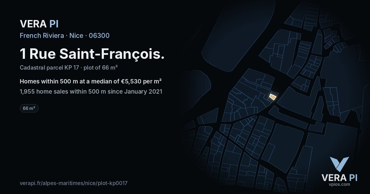 1 Rue Saint-François, Nice at night – the plot lit, the parcels around coloured by the prices near them