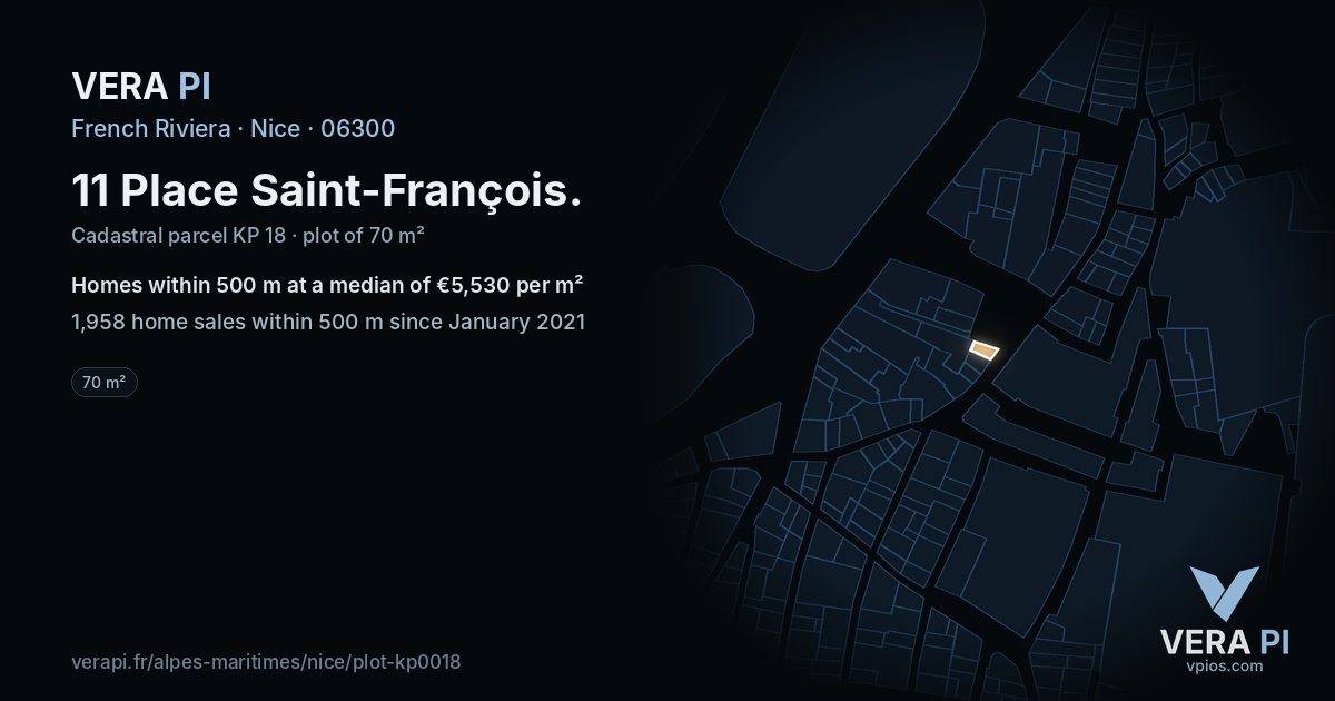 11 Place Saint-François, Nice at night – the plot lit, the parcels around coloured by the prices near them