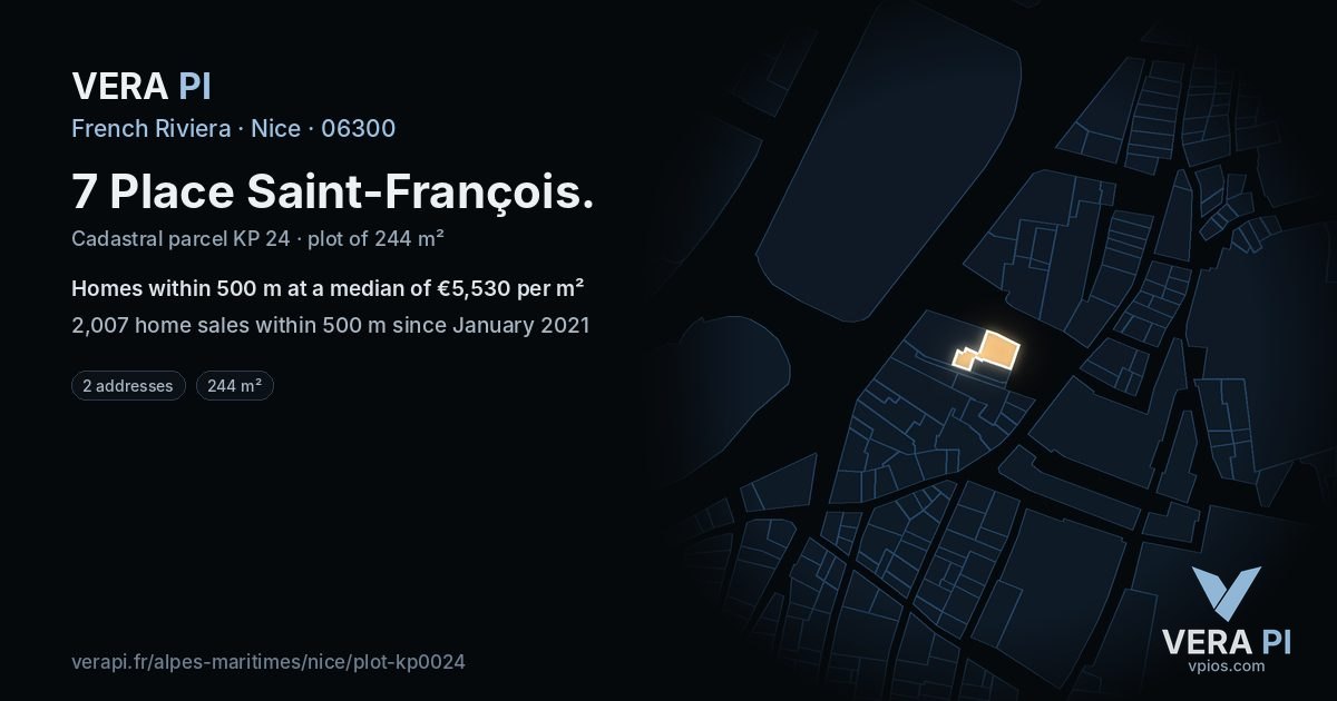 7 Place Saint-François, Nice at night – the plot lit, the parcels around coloured by the prices near them