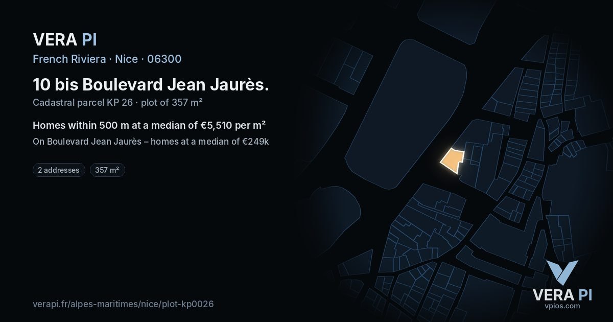 10 bis Boulevard Jean Jaurès, Nice at night – the plot lit, the parcels around coloured by the prices near them