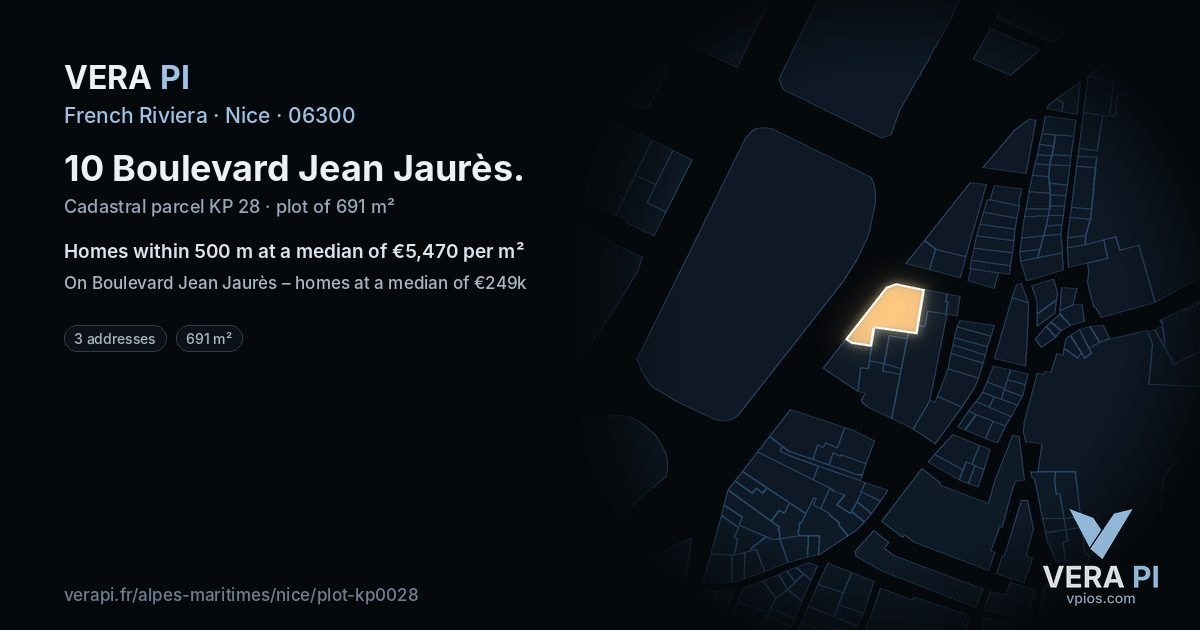 10 Boulevard Jean Jaurès, Nice at night – the plot lit, the parcels around coloured by the prices near them