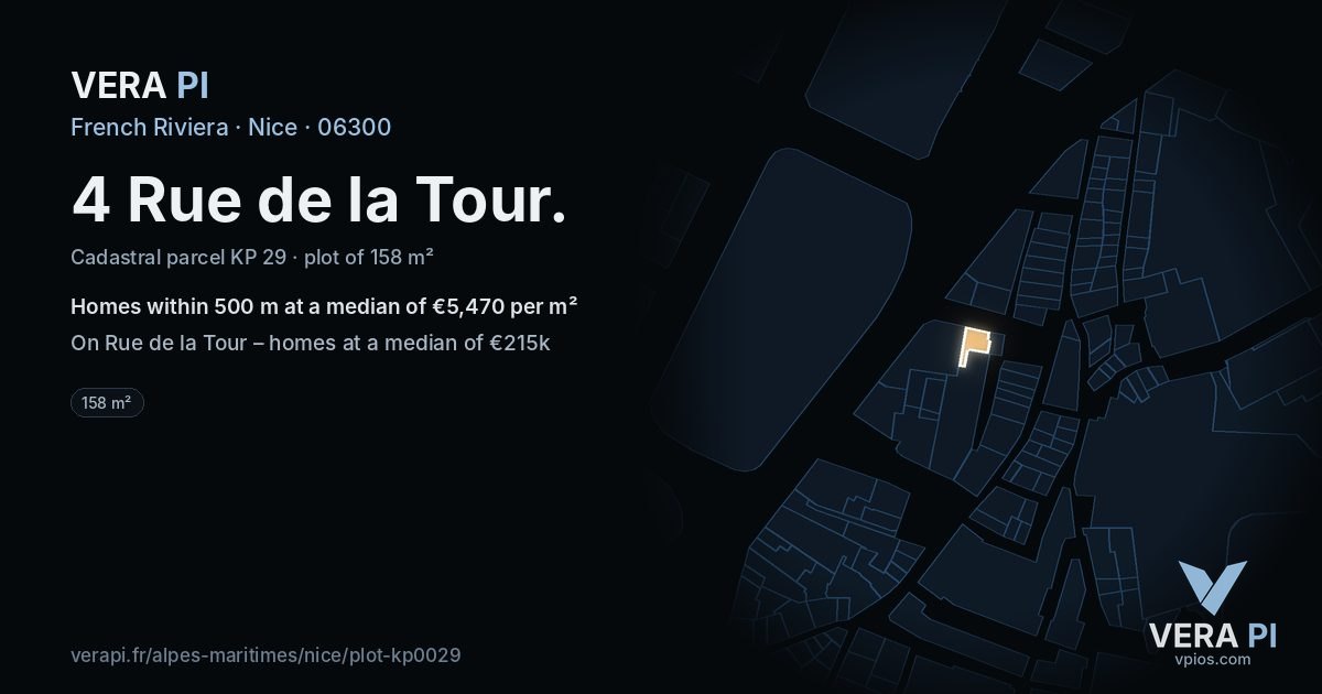 4 Rue de la Tour, Nice at night – the plot lit, the parcels around coloured by the prices near them