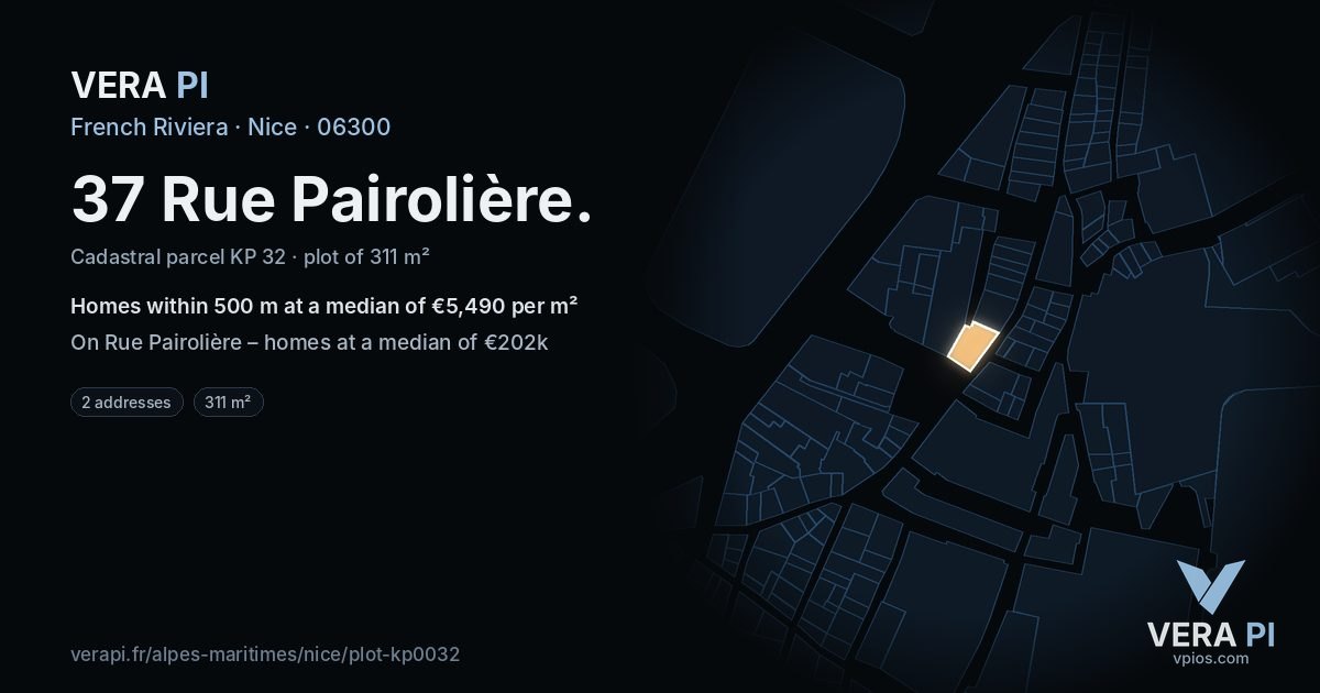 37 Rue Pairolière, Nice at night – the plot lit, the parcels around coloured by the prices near them