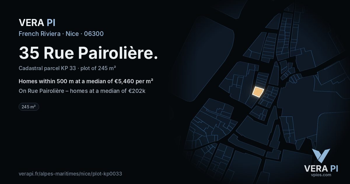 35 Rue Pairolière, Nice at night – the plot lit, the parcels around coloured by the prices near them