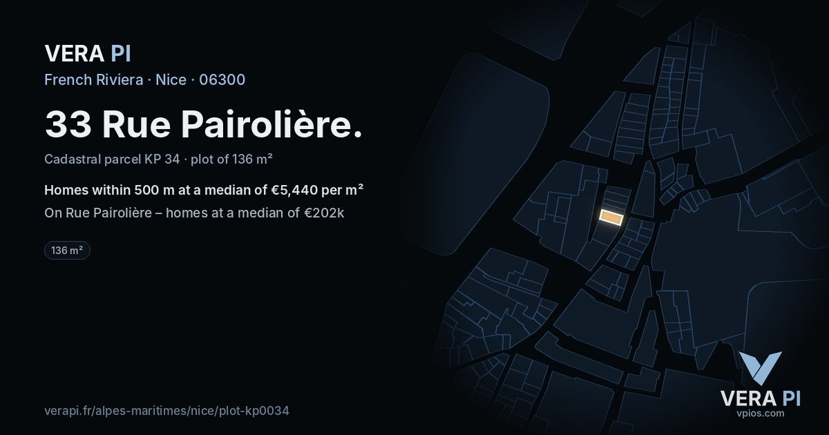 33 Rue Pairolière, Nice at night – the plot lit, the parcels around coloured by the prices near them