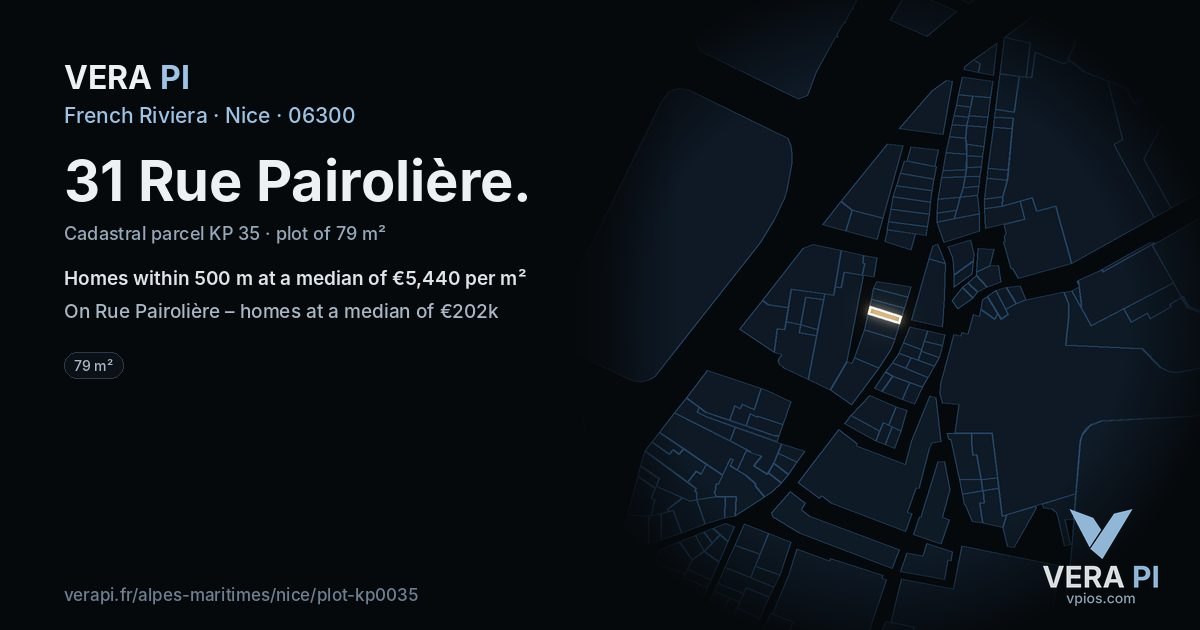 31 Rue Pairolière, Nice at night – the plot lit, the parcels around coloured by the prices near them