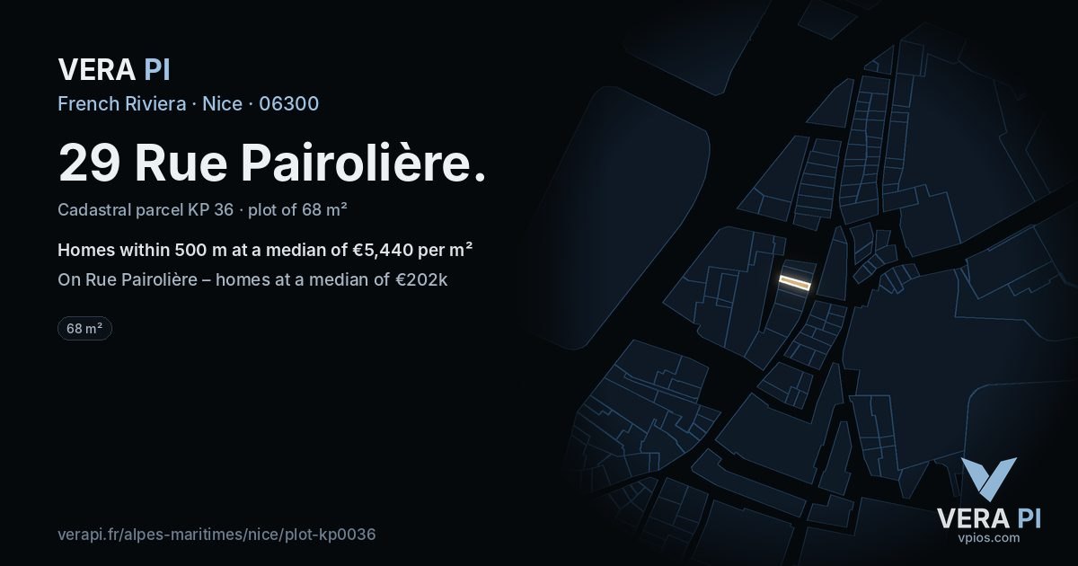 29 Rue Pairolière, Nice at night – the plot lit, the parcels around coloured by the prices near them