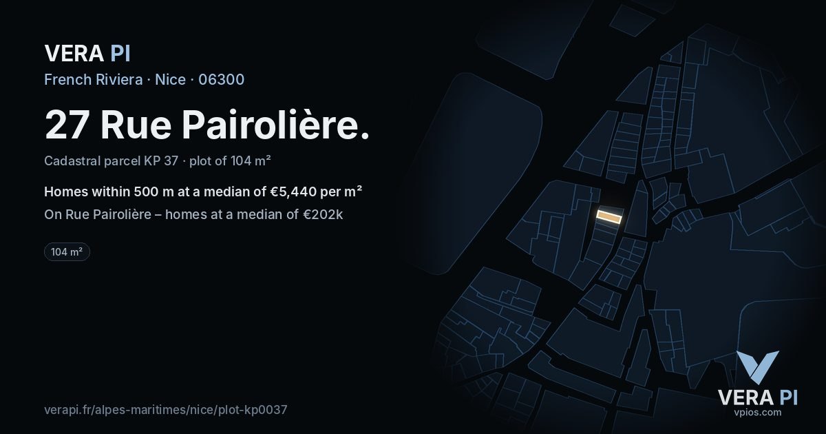 27 Rue Pairolière, Nice at night – the plot lit, the parcels around coloured by the prices near them