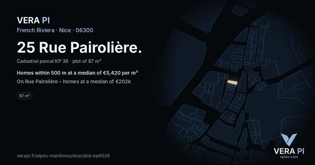 25 Rue Pairolière, Nice at night – the plot lit, the parcels around coloured by the prices near them