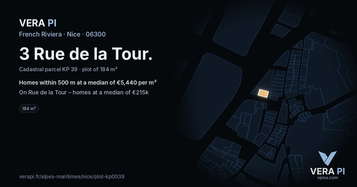 3 Rue de la Tour, Nice at night – the plot lit, the parcels around coloured by the prices near them