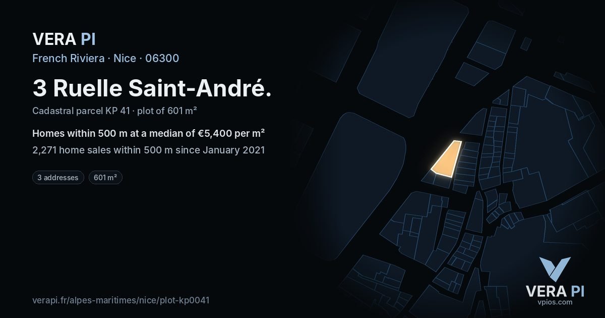 3 Ruelle Saint-André, Nice at night – the plot lit, the parcels around coloured by the prices near them