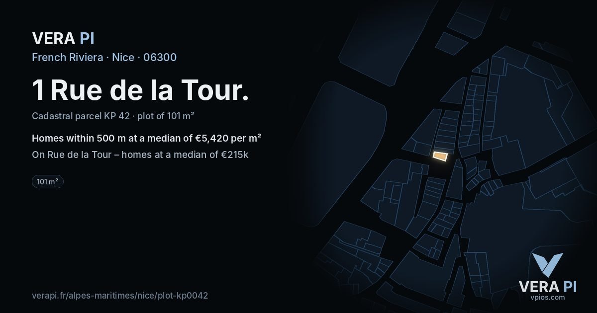1 Rue de la Tour, Nice at night – the plot lit, the parcels around coloured by the prices near them