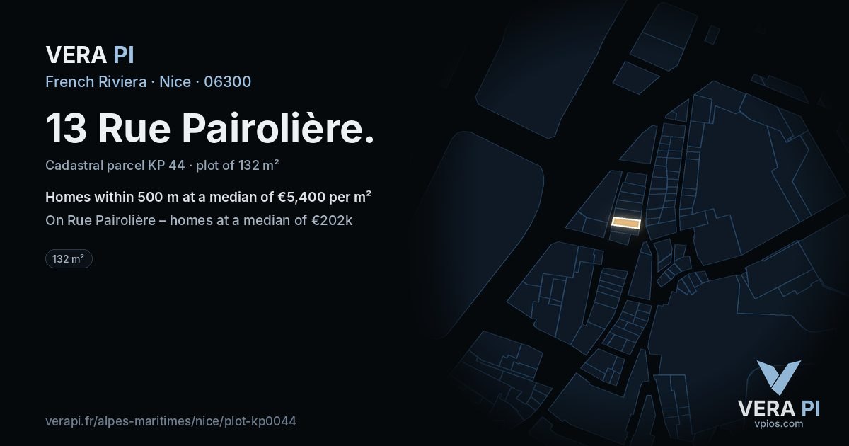 13 Rue Pairolière, Nice at night – the plot lit, the parcels around coloured by the prices near them
