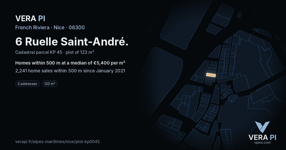 6 Ruelle Saint-André, Nice at night – the plot lit, the parcels around coloured by the prices near them