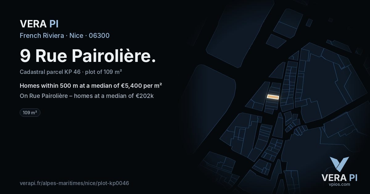 9 Rue Pairolière, Nice at night – the plot lit, the parcels around coloured by the prices near them