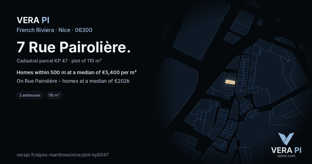 7 Rue Pairolière, Nice at night – the plot lit, the parcels around coloured by the prices near them
