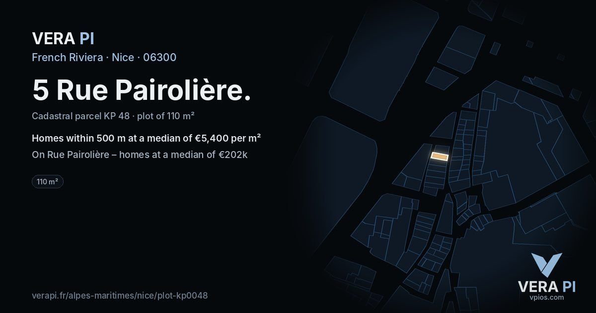 5 Rue Pairolière, Nice at night – the plot lit, the parcels around coloured by the prices near them