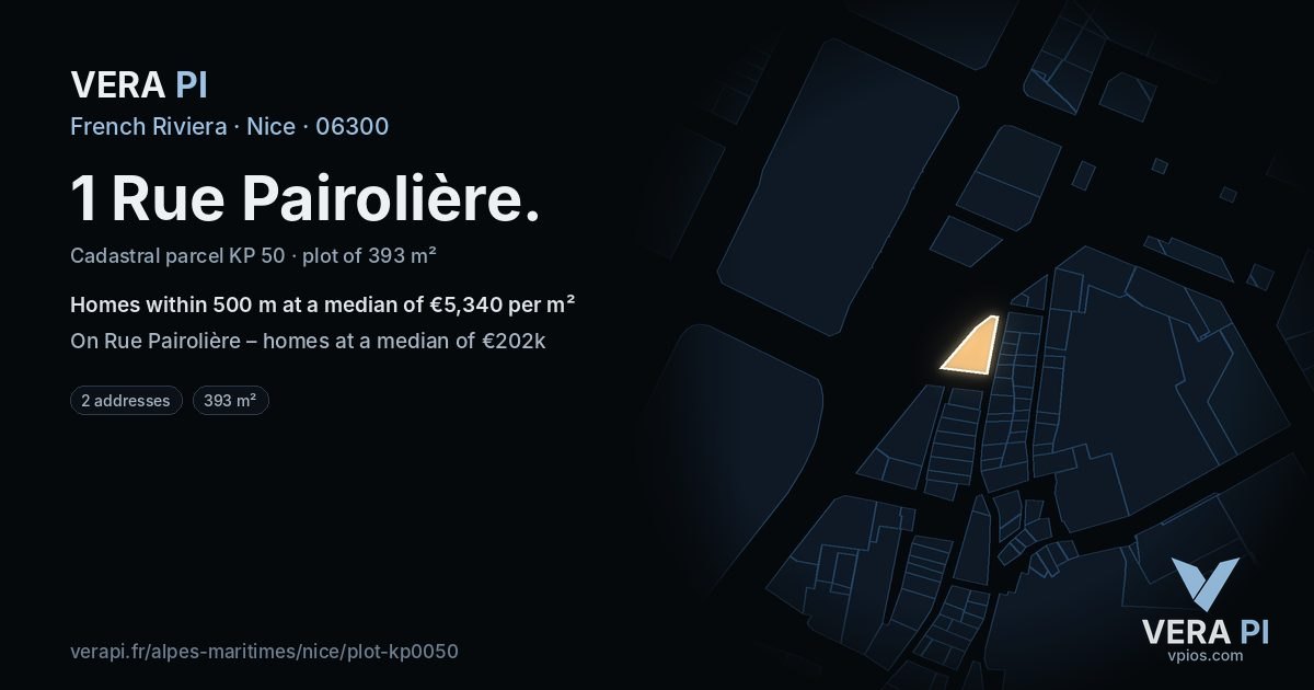 1 Rue Pairolière, Nice at night – the plot lit, the parcels around coloured by the prices near them