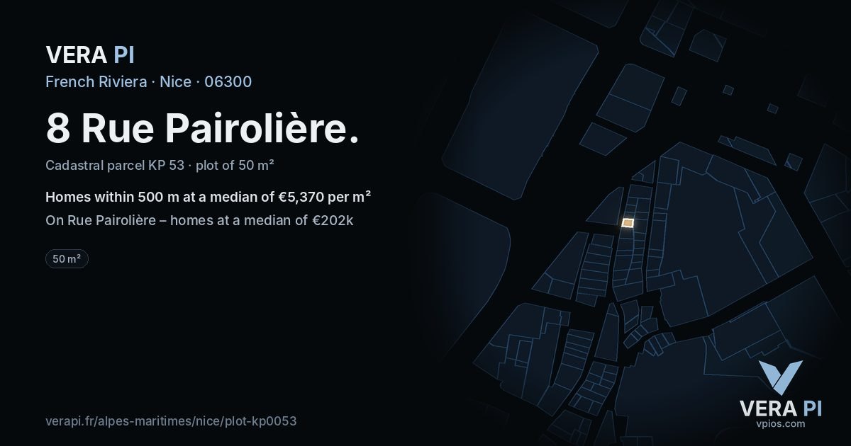 8 Rue Pairolière, Nice at night – the plot lit, the parcels around coloured by the prices near them