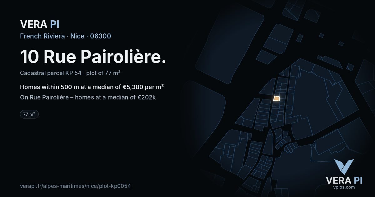 10 Rue Pairolière, Nice at night – the plot lit, the parcels around coloured by the prices near them