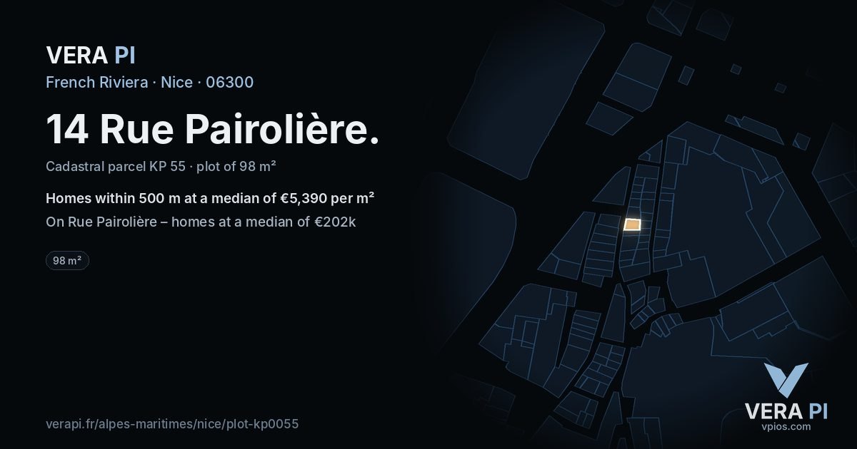 14 Rue Pairolière, Nice at night – the plot lit, the parcels around coloured by the prices near them