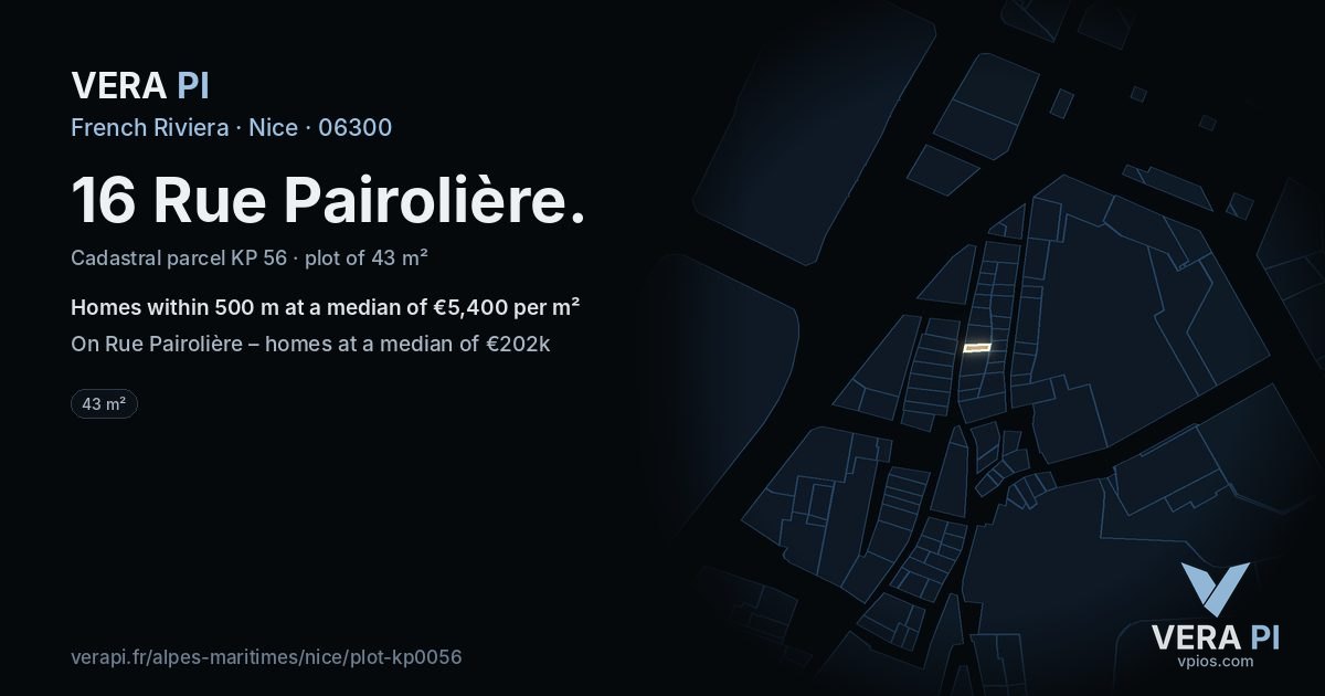 16 Rue Pairolière, Nice at night – the plot lit, the parcels around coloured by the prices near them