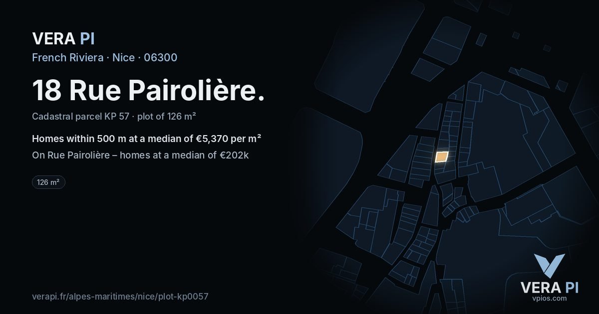 18 Rue Pairolière, Nice at night – the plot lit, the parcels around coloured by the prices near them