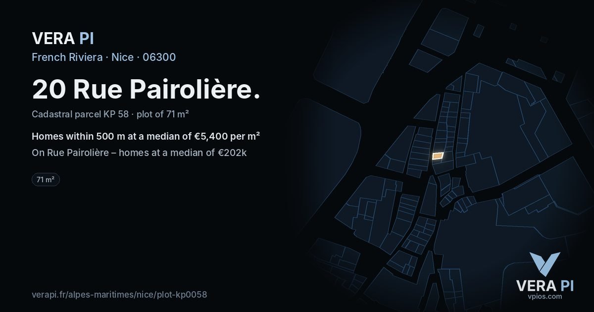 20 Rue Pairolière, Nice at night – the plot lit, the parcels around coloured by the prices near them
