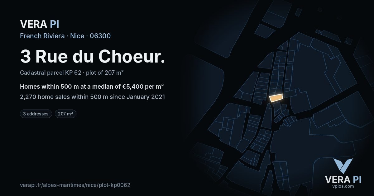 3 Rue du Choeur, Nice at night – the plot lit, the parcels around coloured by the prices near them
