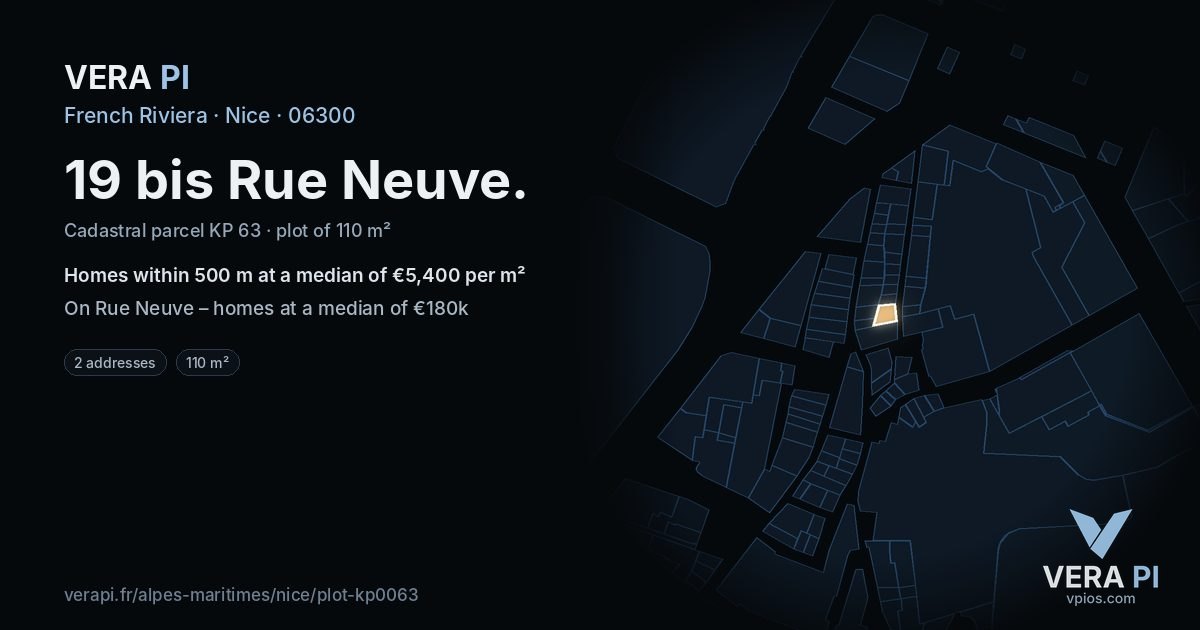 19 bis Rue Neuve, Nice at night – the plot lit, the parcels around coloured by the prices near them