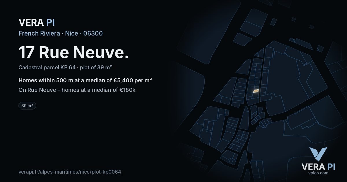 17 Rue Neuve, Nice at night – the plot lit, the parcels around coloured by the prices near them