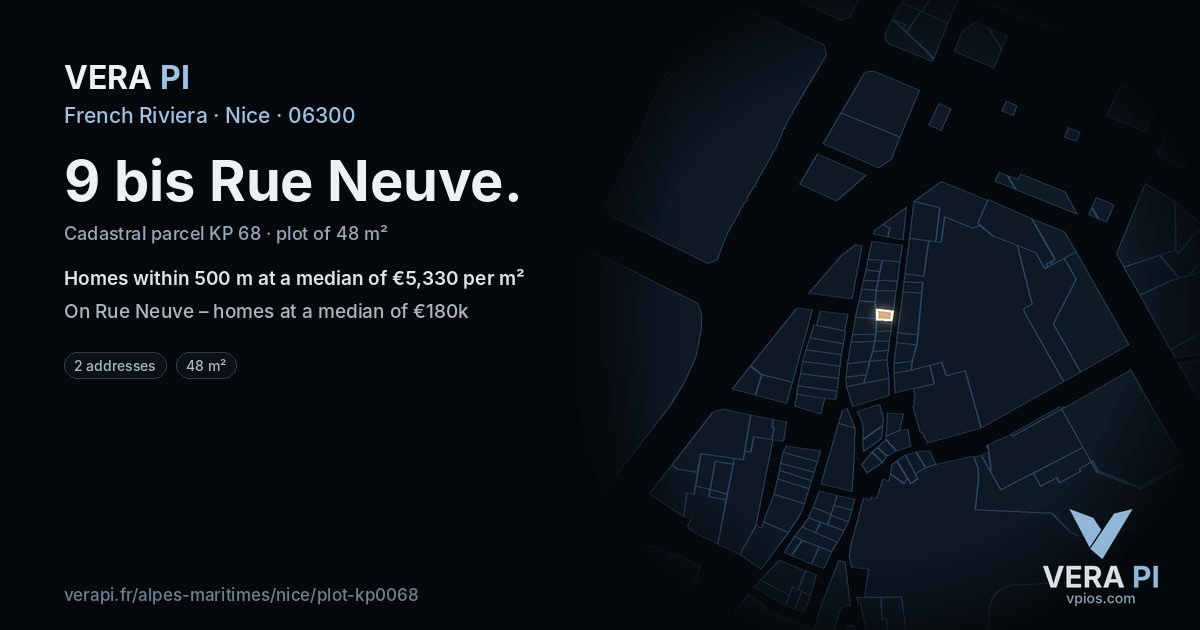 9 bis Rue Neuve, Nice at night – the plot lit, the parcels around coloured by the prices near them