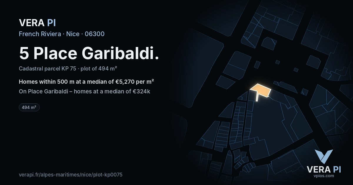 5 Place Garibaldi, Nice at night – the plot lit, the parcels around coloured by the prices near them