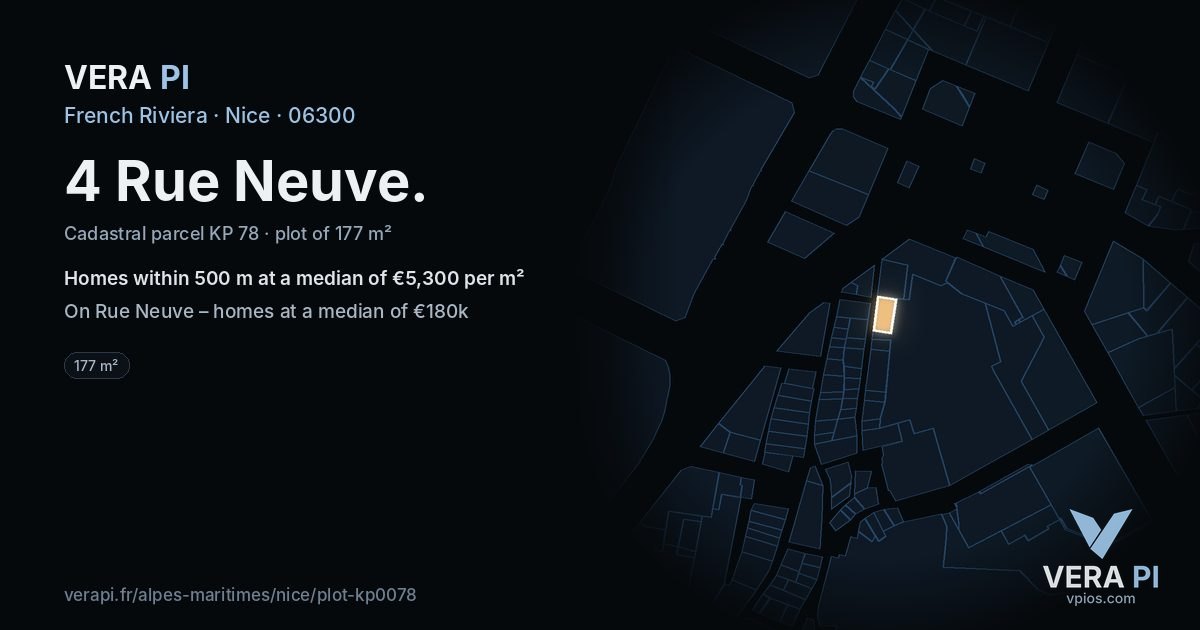 4 Rue Neuve, Nice at night – the plot lit, the parcels around coloured by the prices near them
