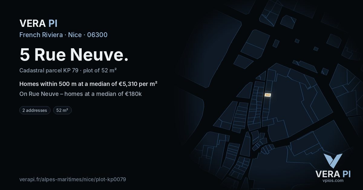 5 Rue Neuve, Nice at night – the plot lit, the parcels around coloured by the prices near them