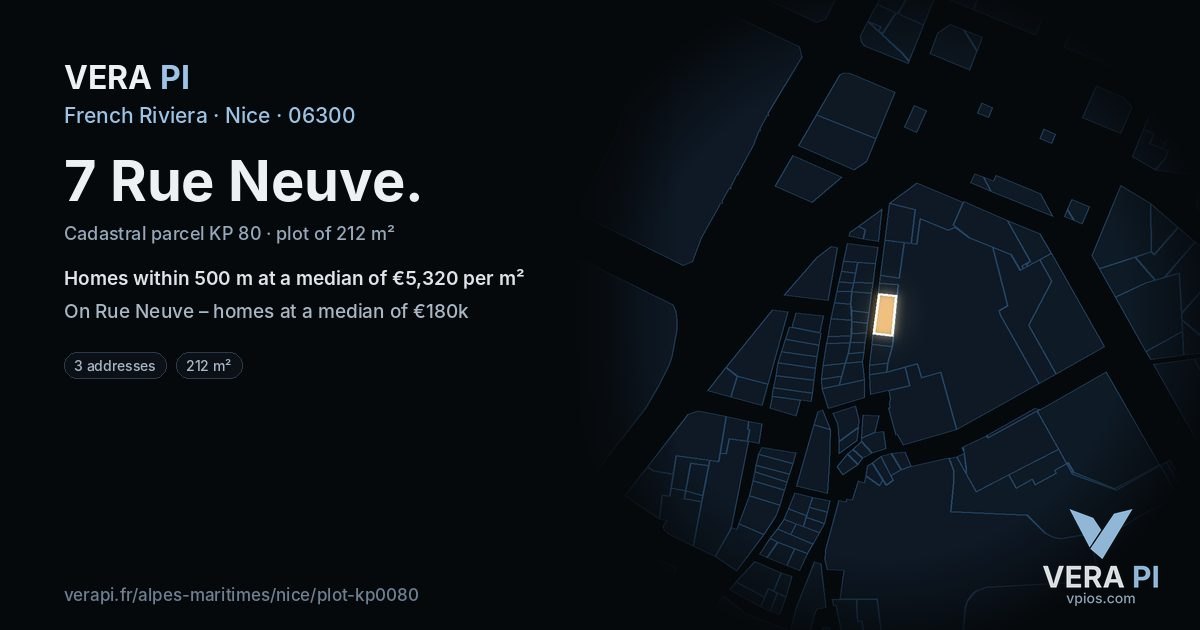 7 Rue Neuve, Nice at night – the plot lit, the parcels around coloured by the prices near them