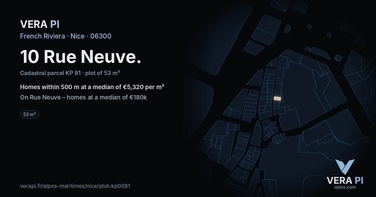 10 Rue Neuve, Nice at night – the plot lit, the parcels around coloured by the prices near them