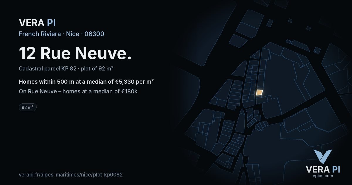 12 Rue Neuve, Nice at night – the plot lit, the parcels around coloured by the prices near them