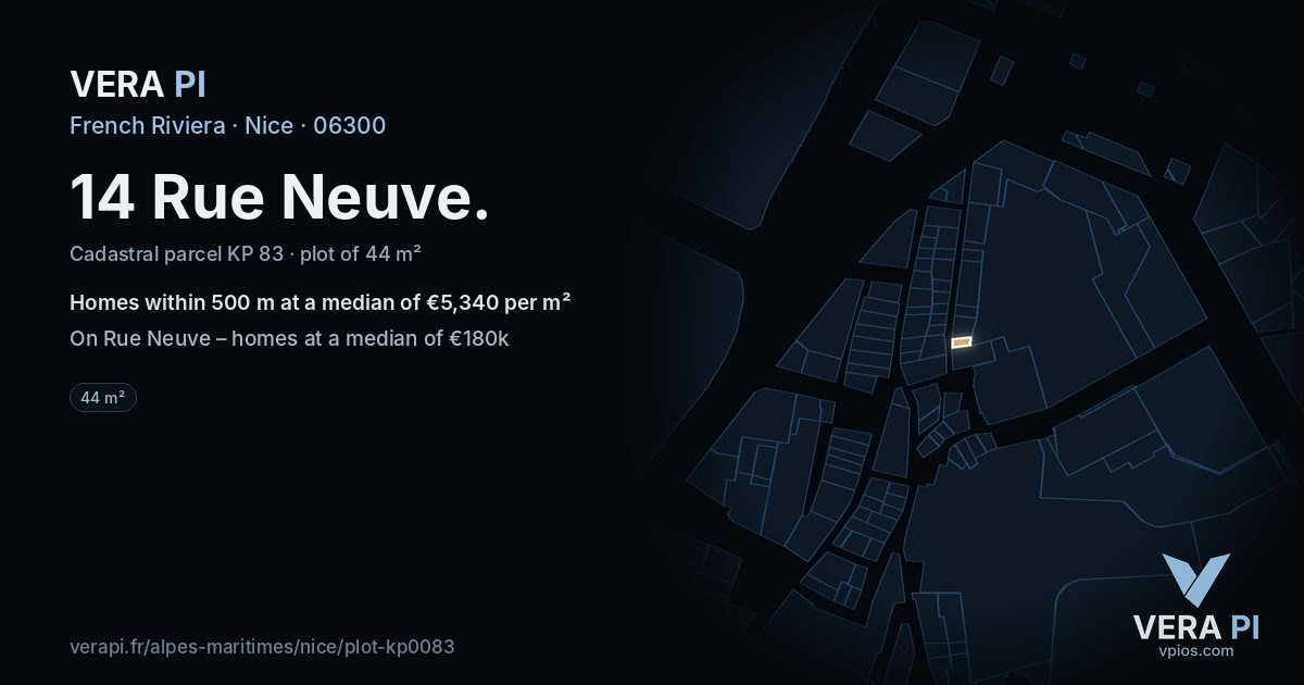 14 Rue Neuve, Nice at night – the plot lit, the parcels around coloured by the prices near them