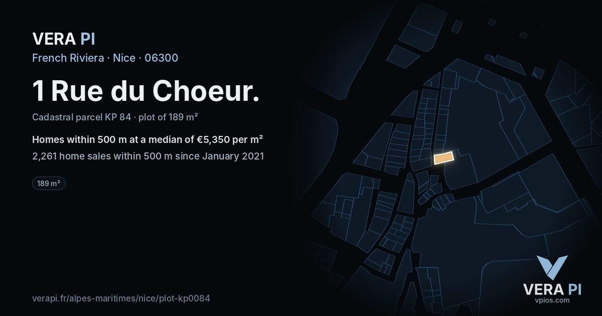 1 Rue du Choeur, Nice at night – the plot lit, the parcels around coloured by the prices near them