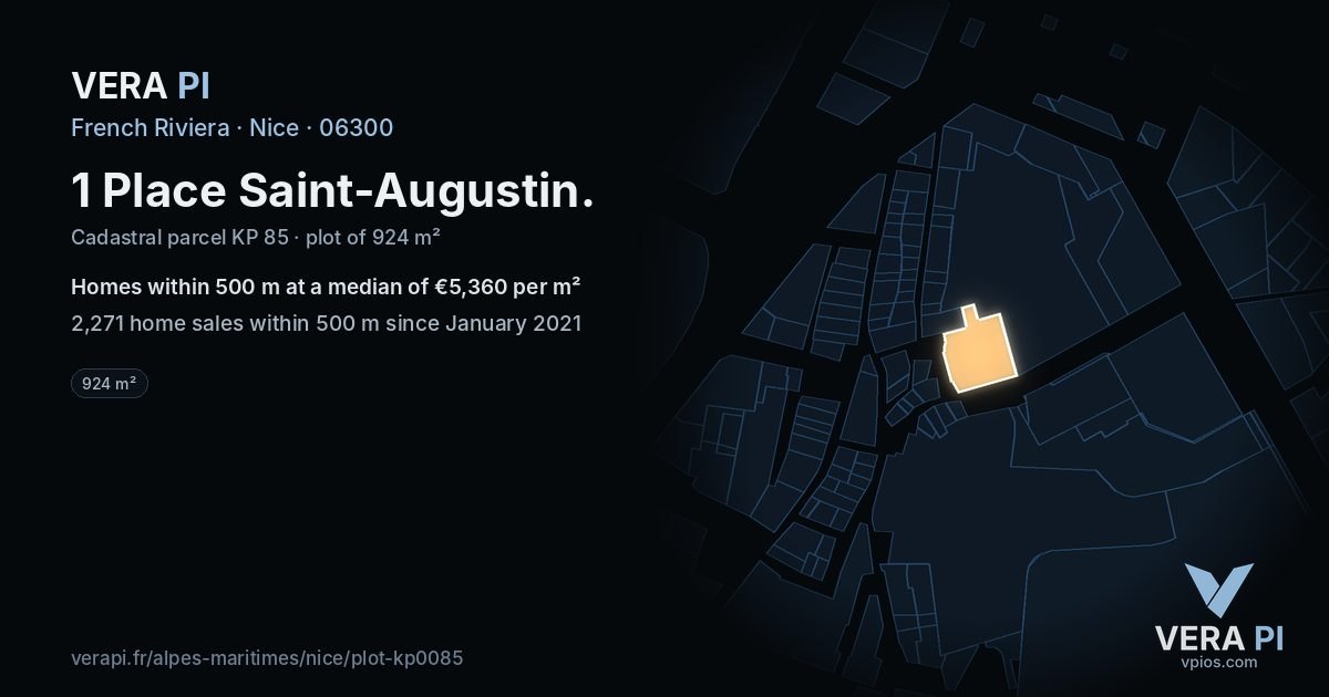 1 Place Saint-Augustin, Nice at night – the plot lit, the parcels around coloured by the prices near them