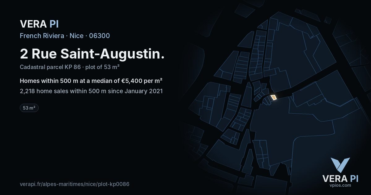 2 Rue Saint-Augustin, Nice at night – the plot lit, the parcels around coloured by the prices near them