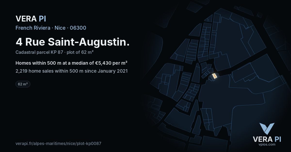 4 Rue Saint-Augustin, Nice at night – the plot lit, the parcels around coloured by the prices near them