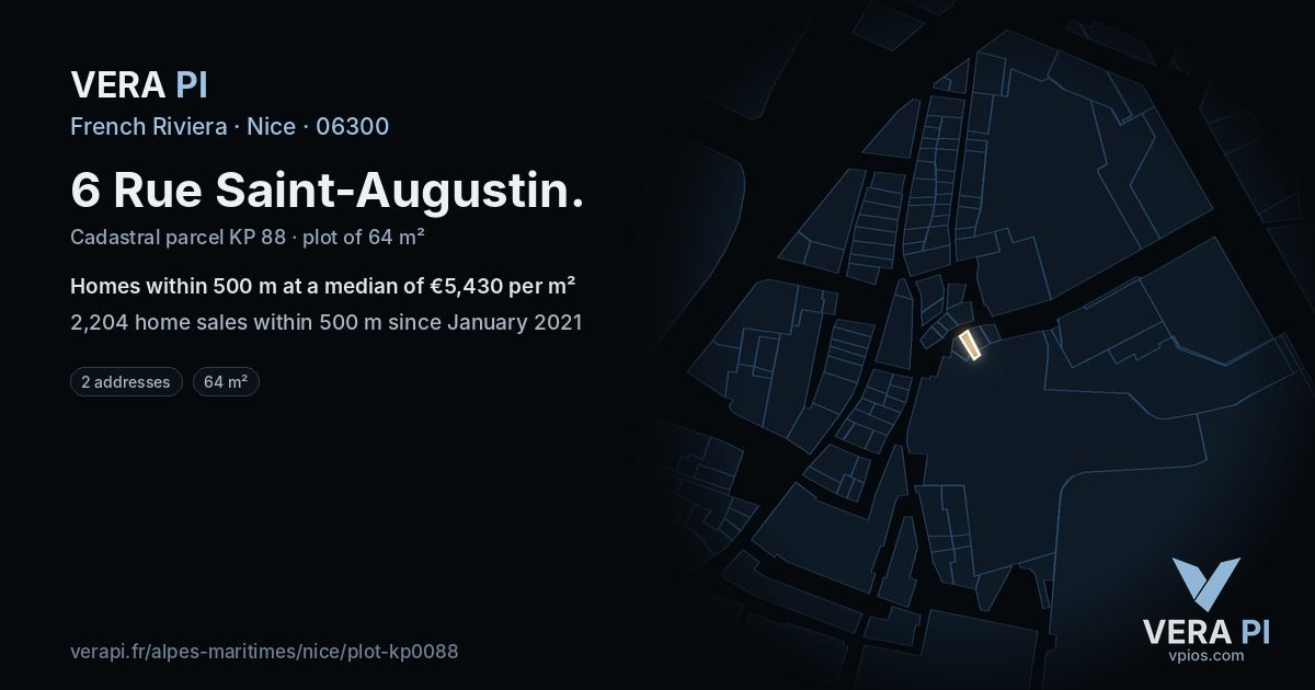 6 Rue Saint-Augustin, Nice at night – the plot lit, the parcels around coloured by the prices near them