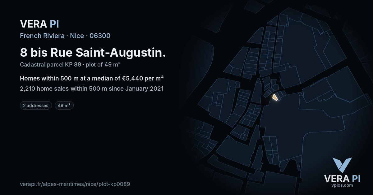 8 bis Rue Saint-Augustin, Nice at night – the plot lit, the parcels around coloured by the prices near them
