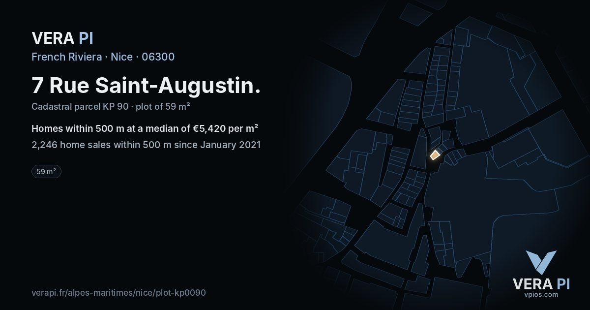 7 Rue Saint-Augustin, Nice at night – the plot lit, the parcels around coloured by the prices near them