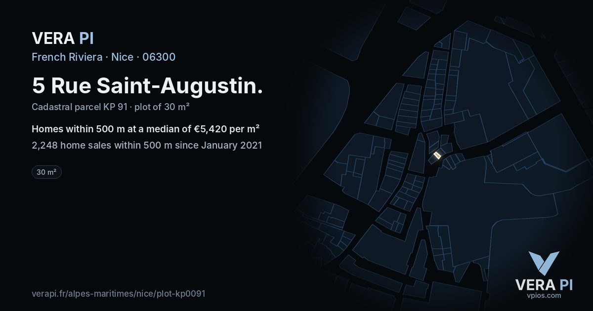 5 Rue Saint-Augustin, Nice at night – the plot lit, the parcels around coloured by the prices near them
