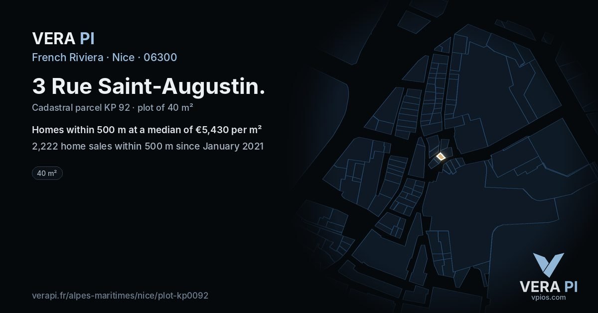 3 Rue Saint-Augustin, Nice at night – the plot lit, the parcels around coloured by the prices near them