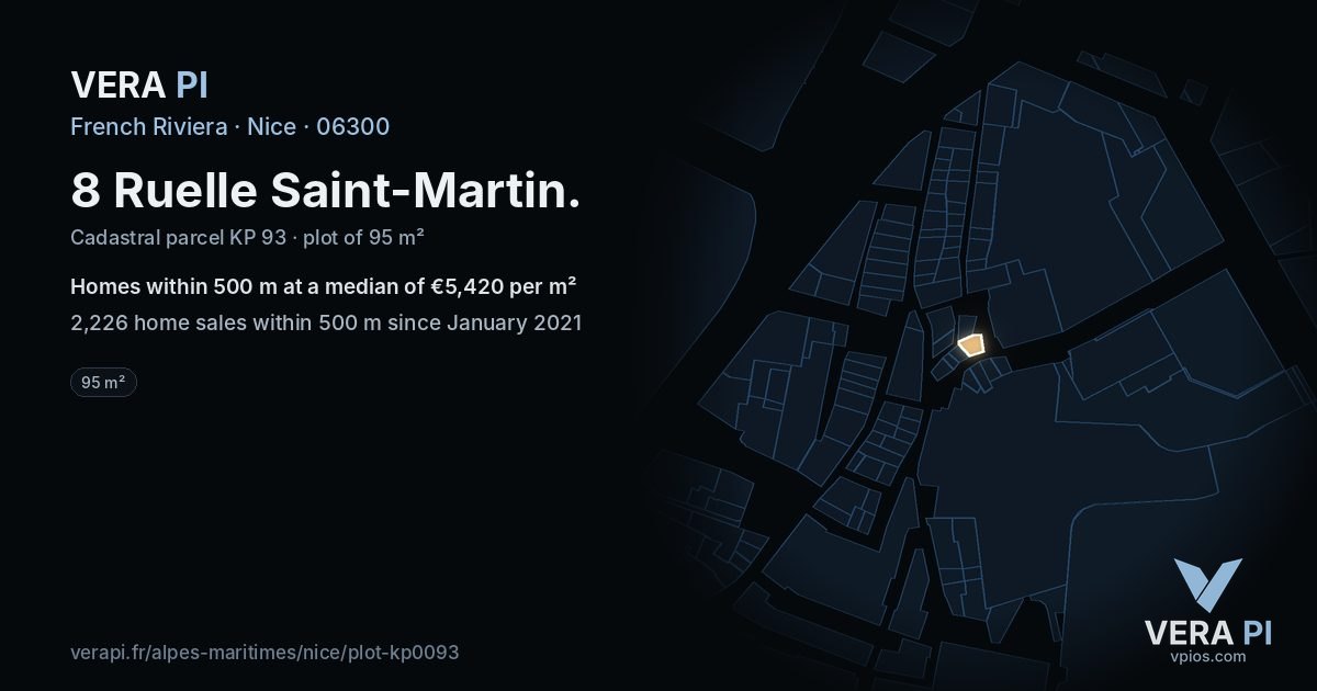 8 Ruelle Saint-Martin, Nice at night – the plot lit, the parcels around coloured by the prices near them