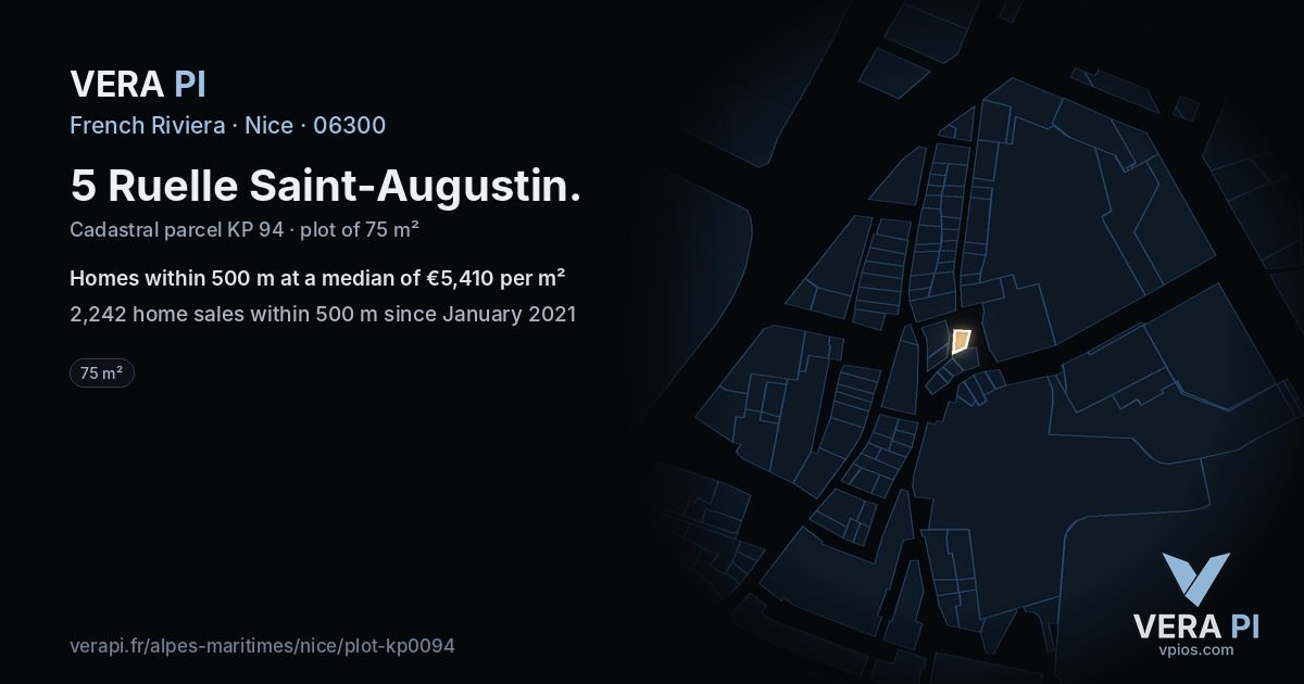 5 Ruelle Saint-Augustin, Nice at night – the plot lit, the parcels around coloured by the prices near them